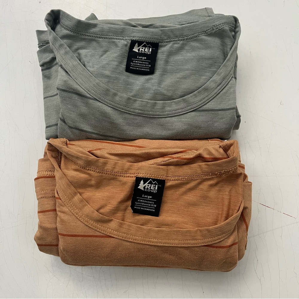 REI Co-op (2) Hiking / Trail Shirts, Men's Large, green & orange stripe 2 shirts